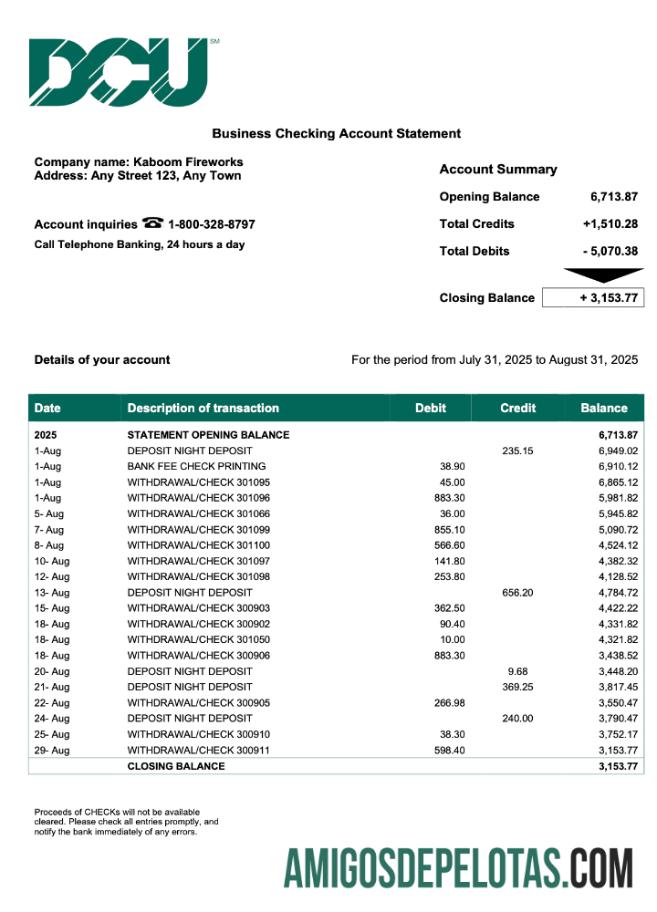 Em branco EUA DCU Company Checking modelo de extrato de conta Word e PDF